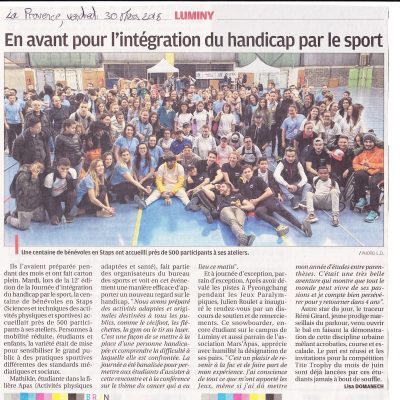 30 Mars 2018, La Provence: Intégration du Handicap par le sport  organisée par les étudiants STAPS à Luminy
