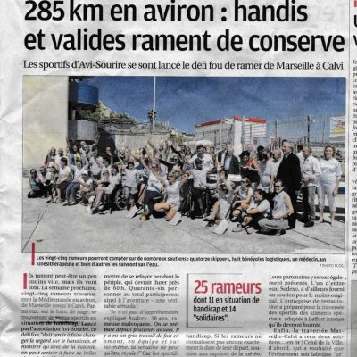 14 Juin 2017, La Provence: Traversée Marseille Calvi à la rame avec l'Avi Sourire